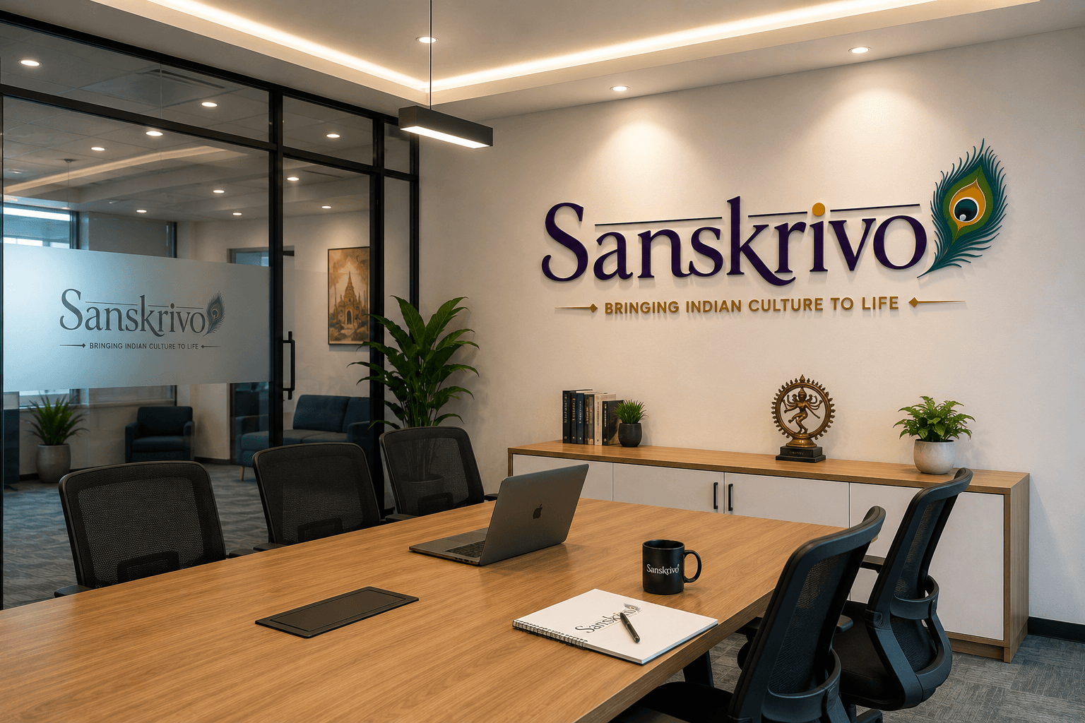 The Sanskrivo conference room, a long wooden table under the branded wall
