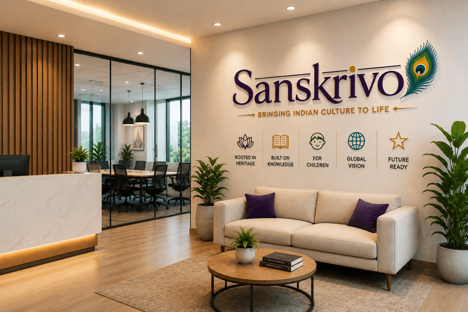 The Sanskrivo lounge and reception desk, with seating and plants