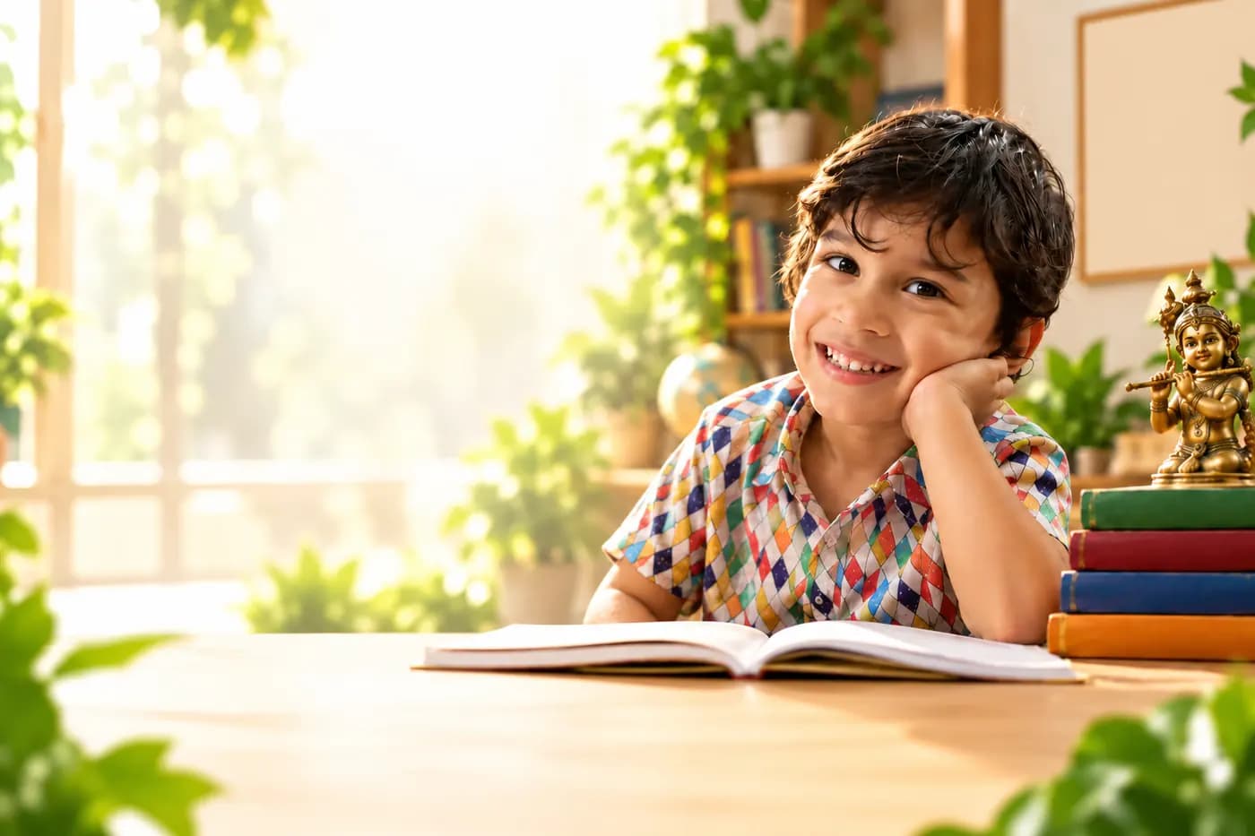 A child reading aloud from a book with a teacher listening