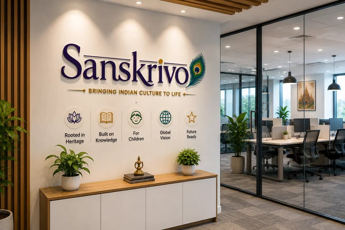 Sanskrivo reception: the wordmark on a lit wall above a wooden console, with the open workspace visible through glass